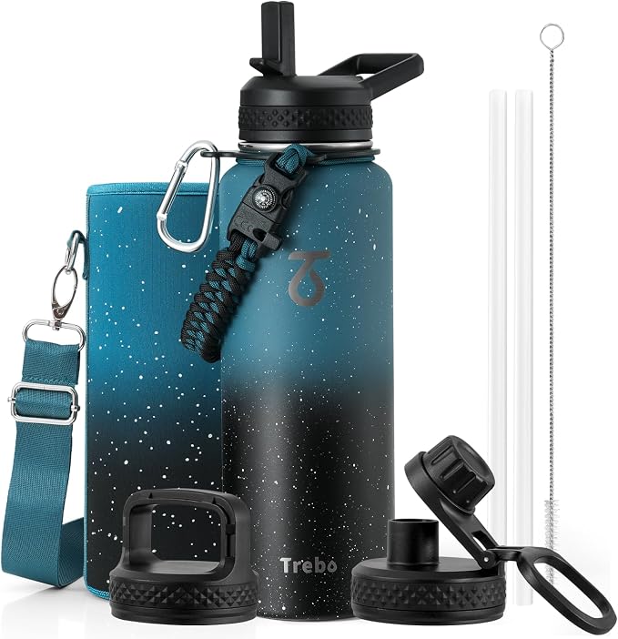 Trebo Water Bottle Insulated 40 oz with 3 Lids, Paracord Handle & Sleeve | Stainless Steel Flask Vacuum, Triple Wall Copper Plated, Dishwasher Safe, Keeps Cold 48Hrs for Hiking, Gym, Wide Mouth