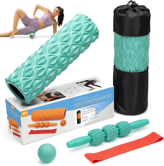 5 in1 Foam Roller Set High Density 15" Foam Roller for Muscle Recovery | Deep Tissue Muscle Massage Foam Roller for Exercise, Massage Roller, Massage Ball, Stretching Strap, for Whole Body Aqua
