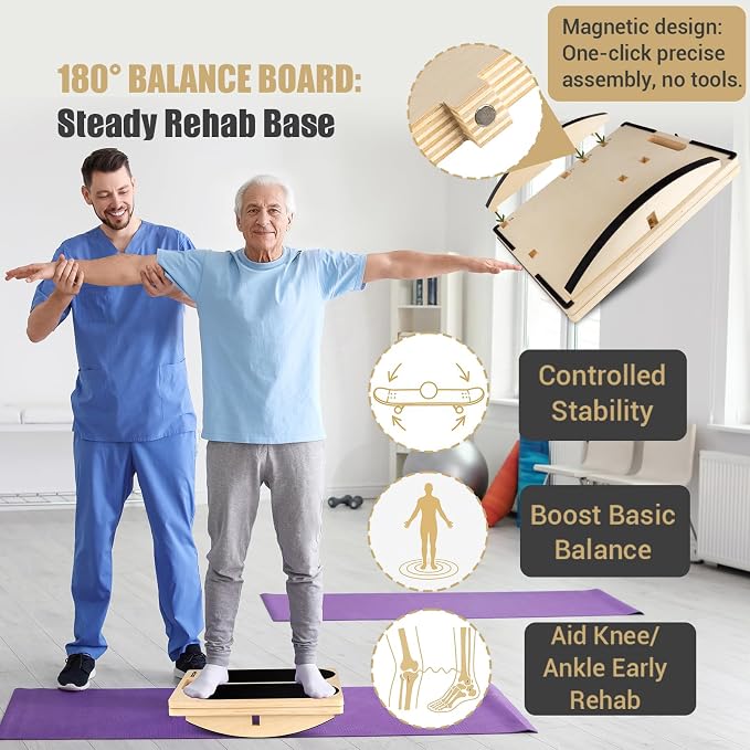 3-in-1 Slant Board & 180°/360° Balance Board, 300 LBS Capacity Calf Stretch | Training Poster, 6 Adjustable Angles, Non-Slip Calf Mobility Board for Legs, Ankles, Knees, Heels, Physical Therapy & wobble