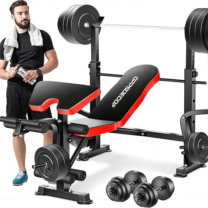 OPPSDECOR 900LBS Weight Bench Set for Home Gym, 6-in-1 Foldable Bench Press Set with Leg Extension, Leg Curl, Preacher Curl Pad, Barbell Rack, Squat Rack for Full Body Workout, Strength Training