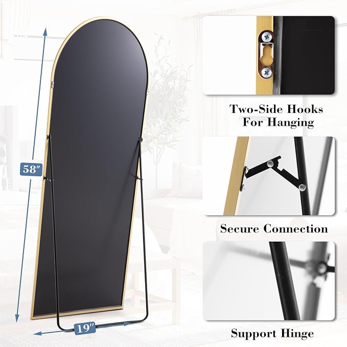 DUMOS 58"x19" Arched Full Length Mirror with Stand, Floor Standing Aluminum Frame, Shatter-Proof Nano Glass for Bedroom, Living Room, Cloakroom – Modern Simple Home Decor,Hanging or Leaning,Gold
