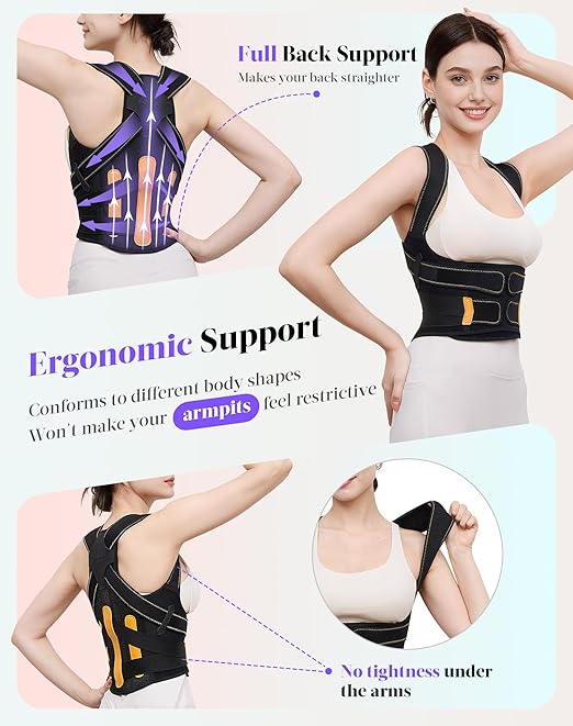 Posture Corrector for Women and Men, Full Back Support Brace, Adjustable Shoulder Straightener, Improving Posture, Relief Upper and Lower Back, Neck Pain, Black Yellow, Medium