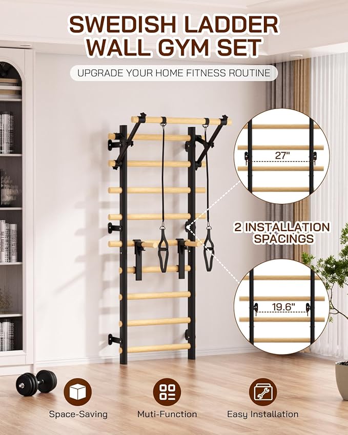 Swedish Ladder Wall Gym, Wooden Wall-Mounted Stall Bars with Pull-up Bar & Exercise Straps & Dip Bars, Stretching Ladder Full Body Home Gym Adults New