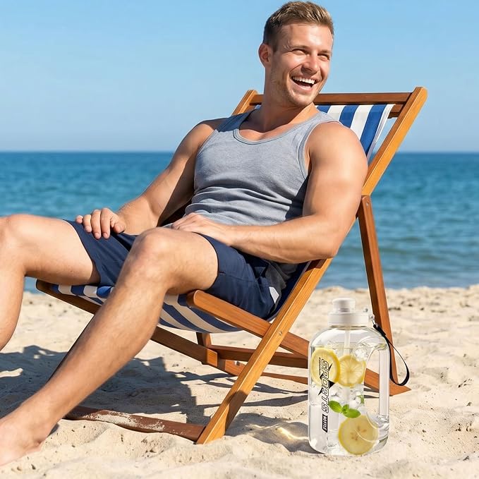 Doseno Gallon Water Bottle, 95 oz Sports Water Jug With Straw and Strap | White 2.8 L large water bottle has a measuring scale and portable handle for daily drinking, gym sessions and outdoor use.