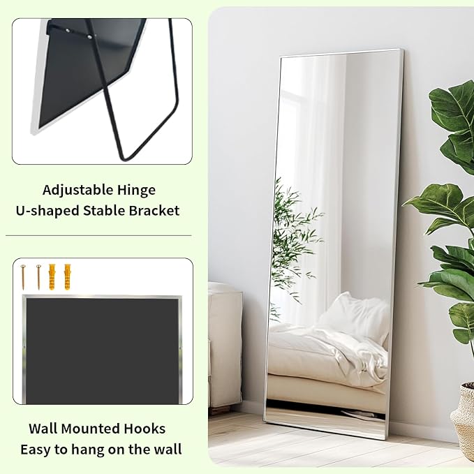 Full Body Mirror 56x16 inch, Silver Floor Length Mirror,Metal Frame | Chrome Metal Frame, No Distortion, Standing Mirror for Bedroom, Livingroom, Bathroom, Hallway, Cloakroom, Bedroom