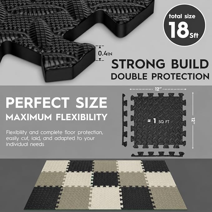 18pcs Puzzle Exercise Mat, 12.6"x12.6"x0.4", 18sqft EVA Interlocking Foam Floor Tiles, Protective, Water-Resistant Flooring for Home Gym & Workout Equipment