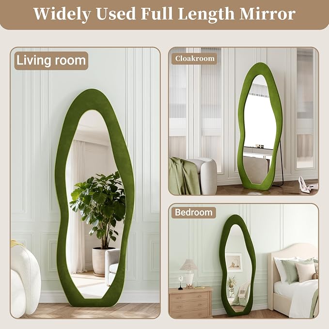 Full Length Mirror, 63"x24" Flannel Full Body Mirrors | Velvet Floor Mirrors with Stand, Irregular Wavy Mirror Hanging or Leaning Against Wall for Bedroom Living Room, Green