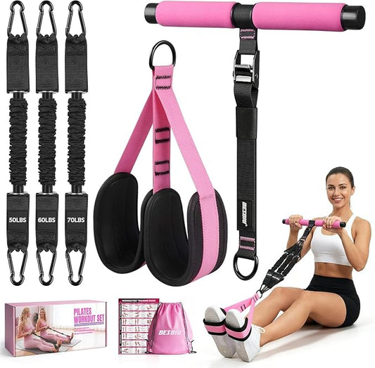 Adjustable Length Pedal Resistance Band with Handle for Working Out, Replaceable 180Lbs Exercise Bands with Foot Pedals, Home Gym Workout Equipment for Women Men Strength Training, Stretching