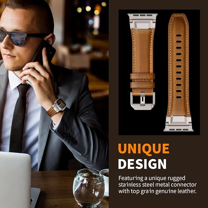Bands Compatible with Apple Watch Ultra 3/2/1 Band 49/46/45/44mm | Genuine Leather Metal Connector Strap for iWatch Ultra Series 11/10/9/8/7/SE/6/5/4/3/2/1, Retro Brown/Titanium