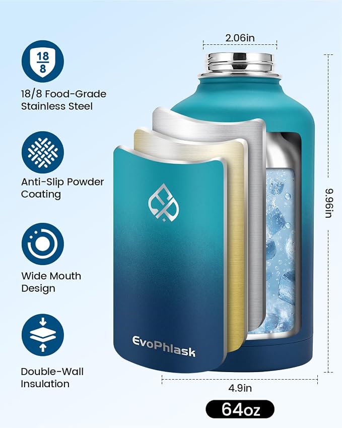 Insulated Water Bottle 64 oz with Carrier Bag, Cyan/Blue | Stainless Steel, Vacuum Insulated Keep Cold 48 Hrs, Half Gallon Large Water Jug, For Travel, Sport, Gym, Hiking