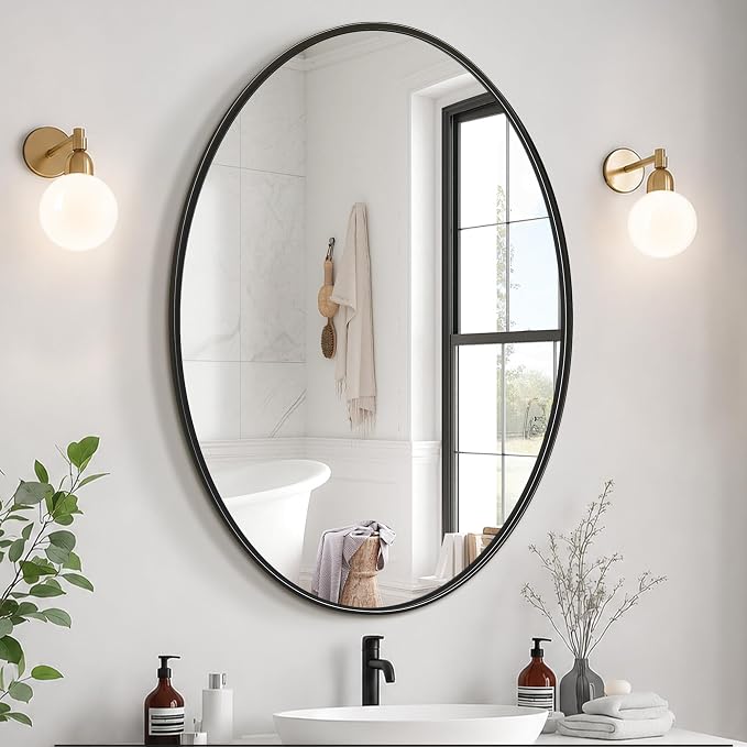 Oval Bathroom Vanity Mirror for Wall, 32''x24'' Gold Oval Bathroom Mirror for Over Sink, Bedroom, Living Room, Entryway, HD Tempered Glass, Wall Mounted Horizontally or Vertically