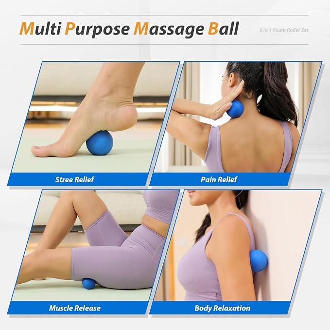 SUBCULTUREPICK 5 in 1 Foam Roller Set High Density Deep Tissue Massager | Trigger Point Massage Roller for Muscle Massage, Massage Ball, Resistance Band for Whole Body Physical Therapy Pure Blue