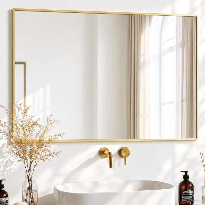 30" x 40" Gold Wall Mirror, 40" x 30" Metal Framed Accent Decor, Transitional Rectangular Mirror for Mantle & Bathroom Vanity