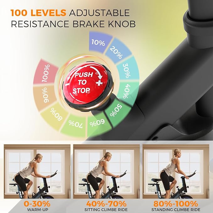 Exercise Bike, Brake Pad/Magnetic Stationary Bike with App, Low Noise Indoor Cycling Bike with 330lbs Weight Capacity, Adjustable Seat, Tablet Holder, Water Bottle Holder for Home Fitness and Weight Loss