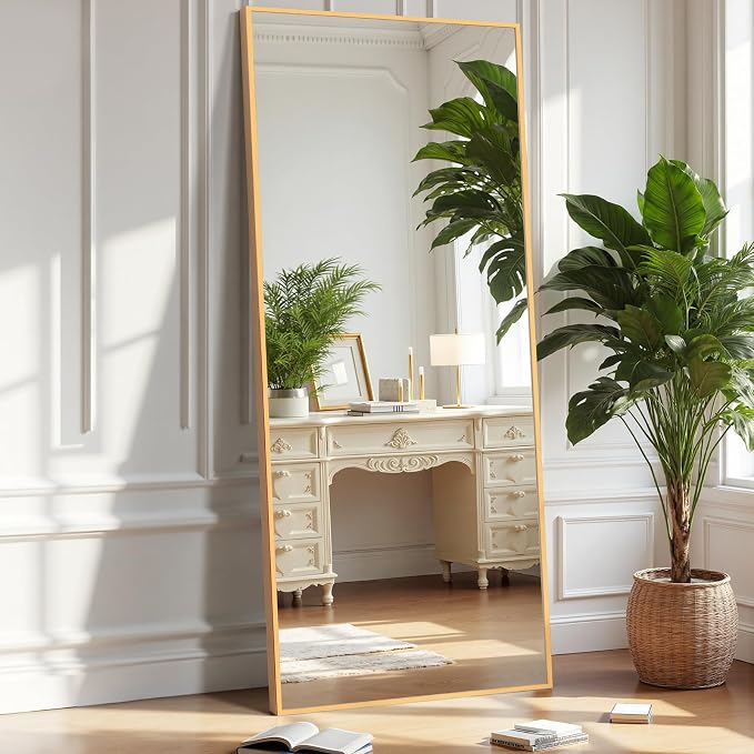 OLIXIS Full Length Mirror with Stand, Full Body Mirror, 58x19 | Hanging or Leaning Wall, Aluminum Alloy Thin Frame, Floor Living Room Bedroom, Long, Gold