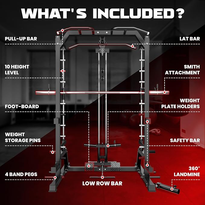 SR01 Smith Machine, 2000LBS Multi-Function Power Cage with LAT Pulldown System, All-in-One Home Gym Squat Rack with Smith Bar and Training Attachments for Full Body Workouts