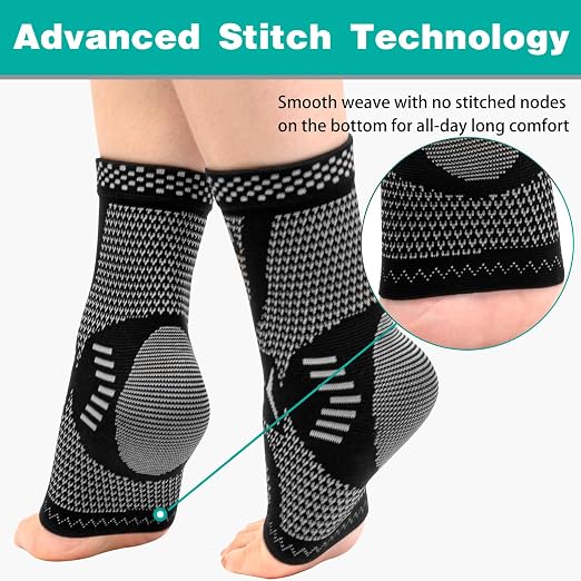 INDEEMAX Ankle Brace for Sprained Ankle Compression Sleeve, Copper Infused Ankle Support Brace for Women & Men, Plantar Fasciitis Relief Achilles Tendonitis, Sports Running, Silver Black, XL