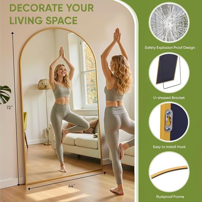Full Length Mirror 72" L x 44" Full Body Standing Mirror for Bedroom, Living Room, Gym, Dorm - Shatter-Resistant & Easy Assembly, Arched Style Gold