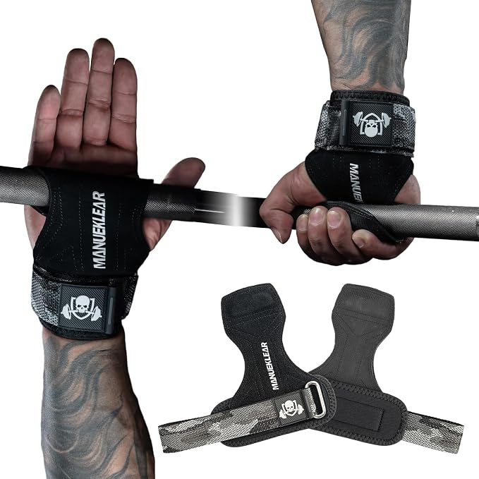 MANUEKLEAR Gym Straps Weight Lifting, Double Leather Lifting Straps for Men Deadlift with Cushion Wrist Loop, Gym Lifting Wrist Wraps for Weightlifting