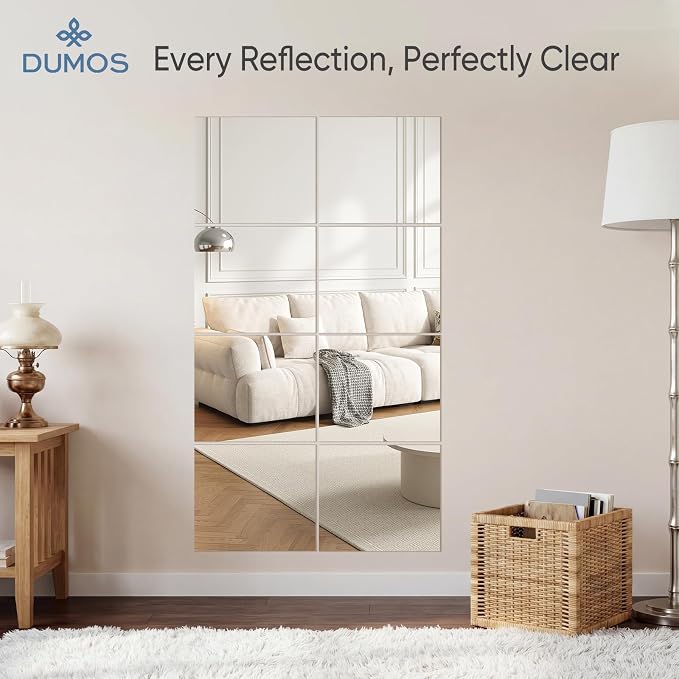 DUMOS 4 Pack Wall Mirror Tiles, Hallway Wall Mounted Mirror 16"x12" HD Glass Sheets, Square Mirrors for Walls, Full Length Mirrors Tiles for Home Gym, Bedroom, Door