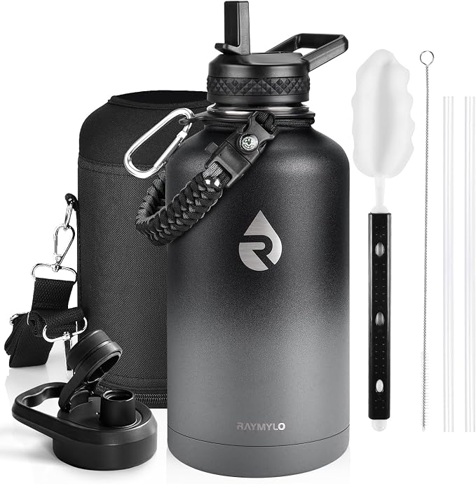 RAYMYLO Insulated Water Bottle 64 oz, Triple Wall Vacuum Stainless Steel | (Cold for 48 Hrs), Leak Proof & Non-BPA, Half Gallon Water Flask Jug with Paracord Handle & Straw Spout Lids, Dark Gray