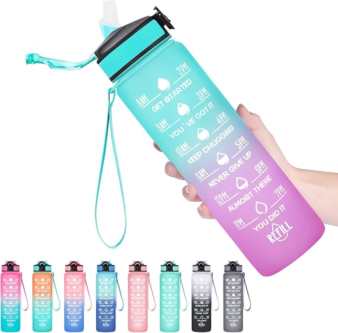 Hyeta Water Bottle with Straw & Time Marker, Plastic 32oz Leakproof | Motivational Tritan BPA Free Gym Office Outdoor Intake Tracker Hourly Reminder Straw Lid Carry Strap