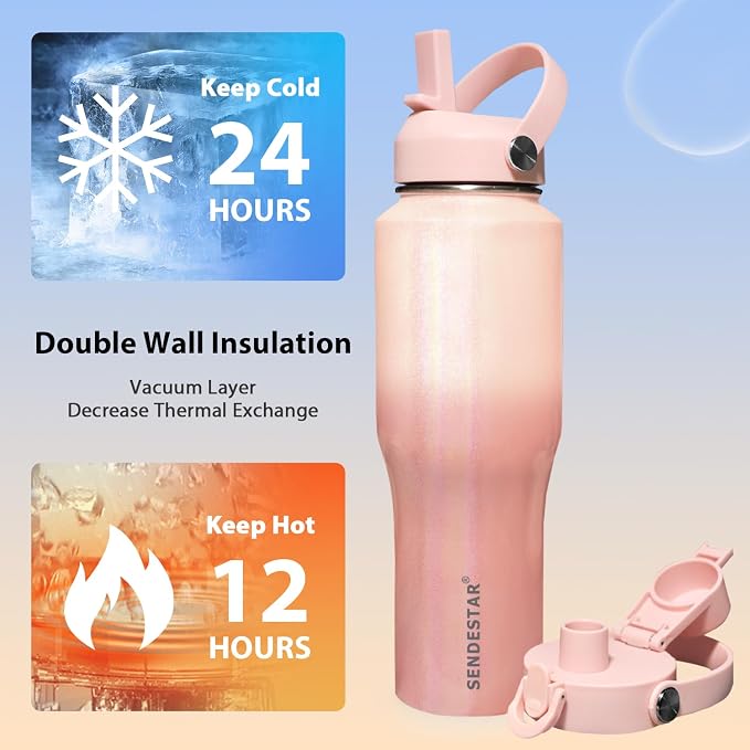 SENDESTAR 40oz Stainless Steel Water Bottle(Cold for 48 Hrs, Hot for 24 Hrs),Double Wall Vacuum Insulated Bottle with Straw Lid, Spout Lid and Flex Cap, Fit in Any Car Cup Holder