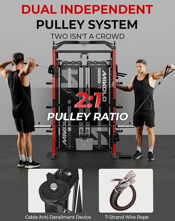 Mikolo Smith Machine with Weight Stack, Power Cage Home Gym System with LAT Pulldown & Cable Crossover, Multi-Functional Trainer with Dual Pulley System, Includes 10+ Free Attachments