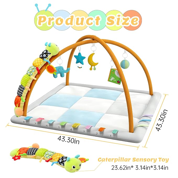 Baby Play Gym & Activity Mat, Baby Tummy time mat w 6 Detachable Toys, Promote Motor Skills & Sensory Development Mat, Newborn Infant Baby Essentials Gift.