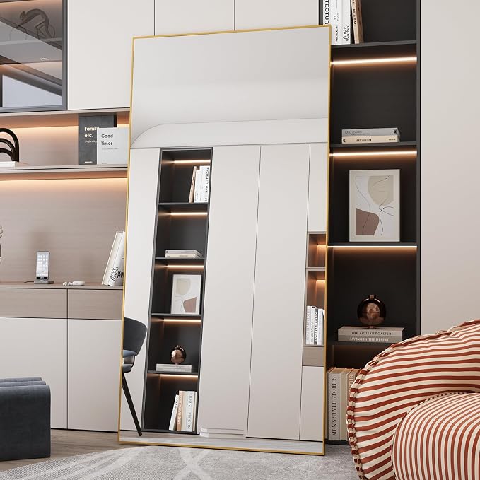 LFT HUIMEI2Y 76.4"x37" Full Length Mirror, Gold Floor Mirror | Tempered Oversized Mirror Full Body with Aluminum Alloy Frame; Standing, Leaning, or Wall Mount for Bedroom, Living Room