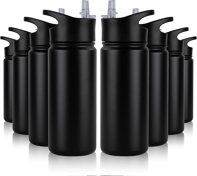 16 oz Insulated Water Bottle Bulk 8 Pack, Straw & Spout Lid, Keep Cold 24H, Spill Proof, BPA-Free, Double Wall, Stainless Steel Kids Water Bottles for School, Sports, Black