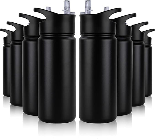16 oz Insulated Water Bottle Bulk 8 Pack, Straw & Spout Lid, Keep Cold 24H, Spill Proof, BPA-Free, Double Wall, Stainless Steel Kids Water Bottles for School, Sports, Black