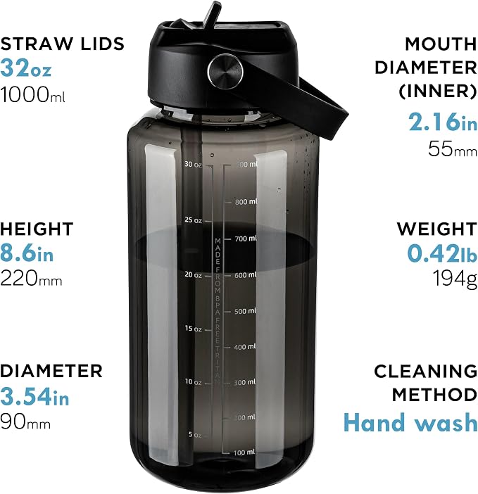 OLDLEY 32oz Water Bottle with Straw, Leakproof Tritan Clear Bottle with Marked Bottle and Carry Handle, BPA-Free Wide Mouth Reusable Sports Bottle for Gym,Hiking, Camping,Travel, Workout,Black