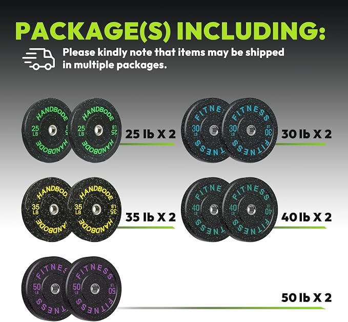 HANDBODE 2-Inch High-Bounce Bumper Plates, Olympic Weight Set, 10-650 lb | Barbell Weight Plates Set for Home Gym, Colored Weights Rubber Strength Training Plate for Weight Lifting