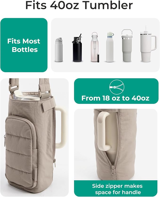 BAGSMART 40oz Water Bottle Holder with Strap, Quilted Gym Accessories | Magnetic or Classic Design, Lightweiht Tumbler Drink Carrier, Quilted Crossbody Purse
