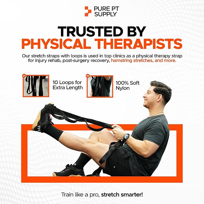 Pure PT Stretching Strap, 10 Loops, Non-Elastic Stretch Strap, Yoga Strap | Flexibility Training, Non-Elastic, Leg & Hamstring Stretcher, Rehab, Pilates, Home & Gym Use, Workout Guide Included