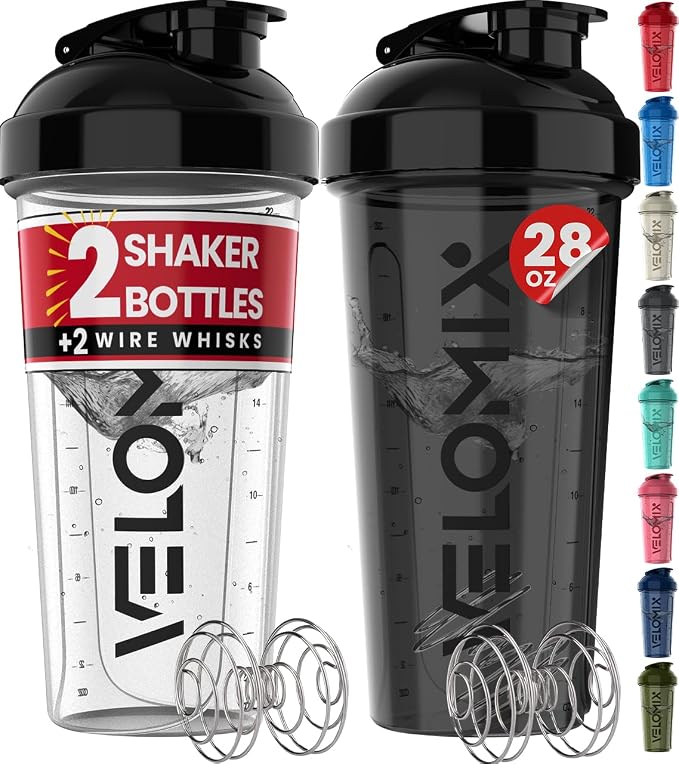 VELOMIX 2 Pack 28oz Protein Shaker Bottle for Protein Mixes, Black/Transpar | 2x Wire Whisk, Leak Proof Shaker Cups for Protein Shakes, Stackable, Dishwasher safe, BPA free, Pre Workout and Fitness ready
