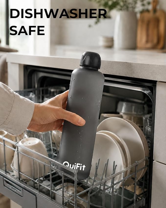 Slim Water Bottle 32 OZ with Stainless Steel Lid, Dishwasher Safe 1 Liter Plastic Water Bottle BPA-Free, Leakproof Lightweight with Time Marker, Reusable for Running School Sport Gym Travel Hiking