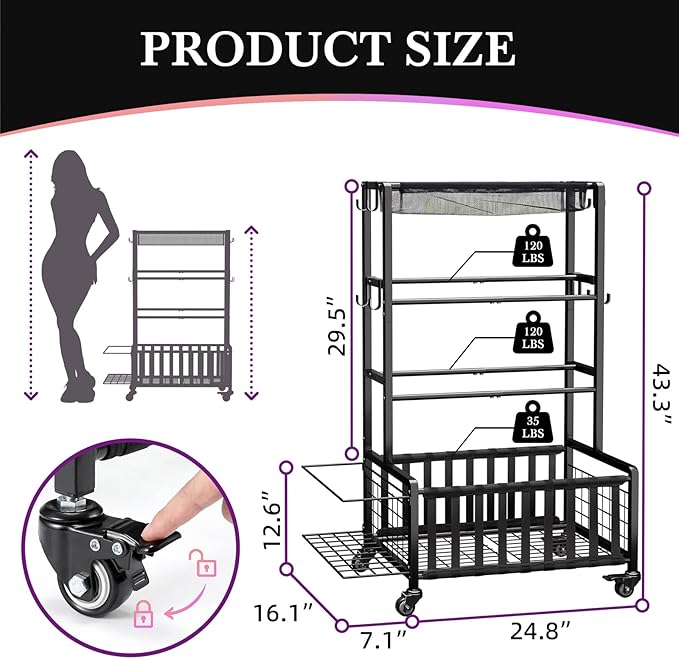 Dumbbell Rack, Home Gym Storage Rack, Adjustable Weight Rack Organizer with Wheels & Hooks, Heavy Duty Gym Equipment Storage, Workout Storage Organizer for Garage Gym