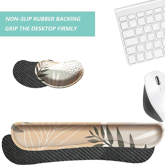 Keyboard Wrist Rest Mouse Wrist Support Set, Memory Foam Wrist Rest Pad for Computer Laptop Keyboard Mouse, Ergonomic Wrist Cushion Support for Typing Pain Relief, Gaming Home Office, Leaves Buff