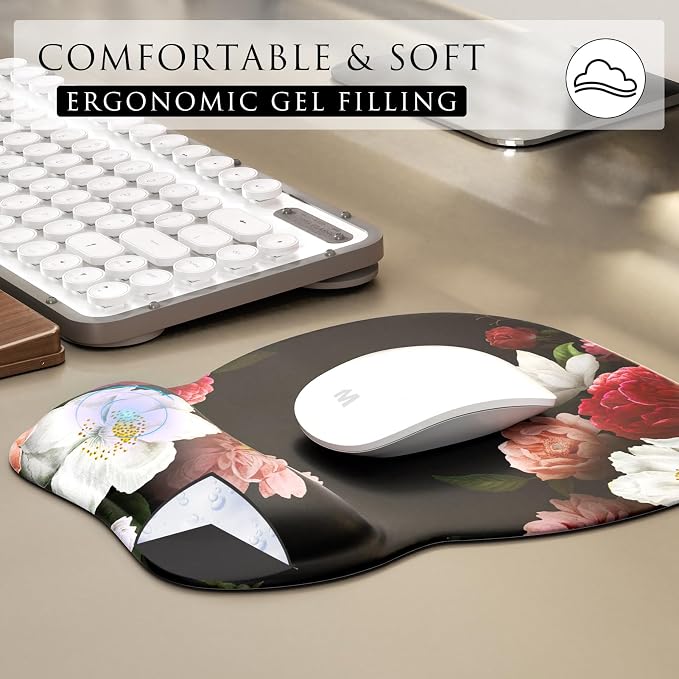 MROCO Ergonomic Mouse Pad with Gel Wrist Rest, 9.4 x 8.1 in, Black Flower | Ergonomic Shape Design, Multiple Pattern Options, Gel Wrist Comfort, Smooth Lycra Surface, Non-Slip PU Base