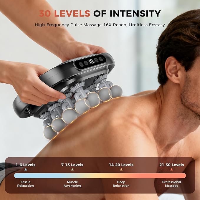 Beyn New 16-Head Massage Gun Set - 16 Gray Heads Included, 30 Speed Levels, Deep Tissue Massage for Back/Leg/Foot Muscle Relaxation, Portable Design,Horse Massager