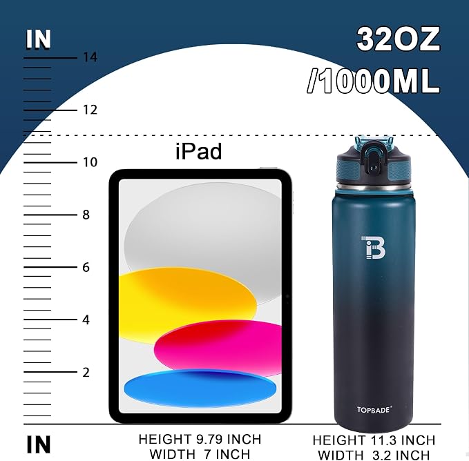 TOPBADE 32oz Insulated Water Bottle with Straw Lid & Spout Lid & Paracord Handle, Stainless Steel Water Bottle Wide Mouth, Double Wall for Women Men Gym Fitness Outdoor