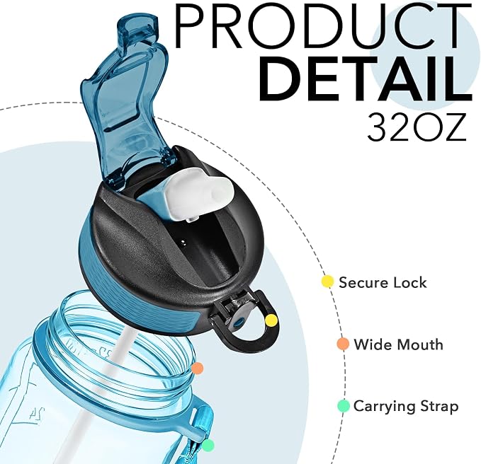 Hyeta Water Bottle with Straw & Time Marker, Plastic 32oz Leakproof | Motivational Tritan BPA Free Gym Office Outdoor Intake Tracker Hourly Reminder Straw Lid Carry Strap