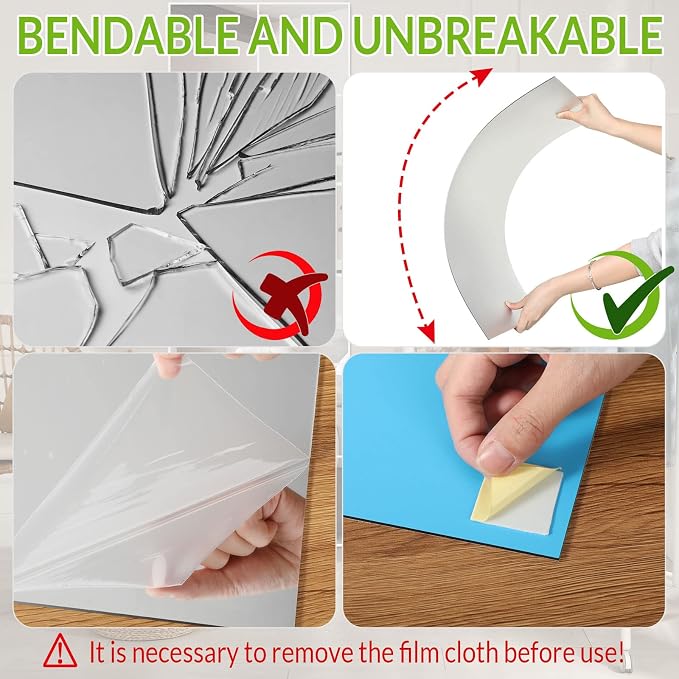 Queekay 2 Pcs Home Gym Mirrors 12" x 24" Acrylic Wall Mirror Tiles 2mm Thick Self Adhesive Mirror Sheets Frameless Wall Mounted Mirror Stickers Decor for Workout Bedroom Ceiling