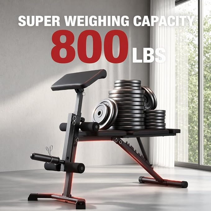 OPPSDECOR Adjustable Weight Bench with Leg Extension and Preacher Curl Pad | Foldable Workout Bench, 10 Positions Incline Decline Flat Full Body Home Gym Strength Training, 800 lbs Capacity Bench Press