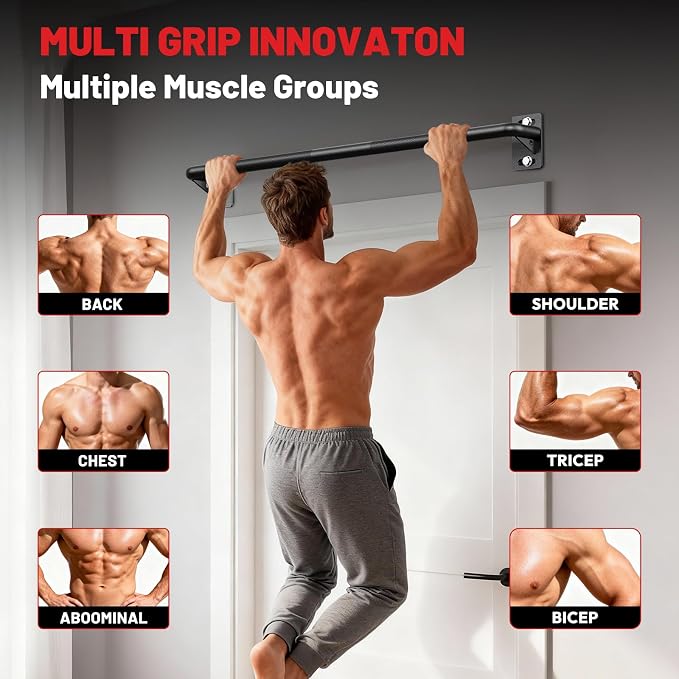 Wall Mounted Pull Up Bar, Chin Up Bar for Home Gym Strength Training | PAPABABE Sturdy Anti-Slip, Knurled Grip, Quick Install, Multi-Grip Versatile, Wall-Mounted Space-Saver 500 Weight Capacity