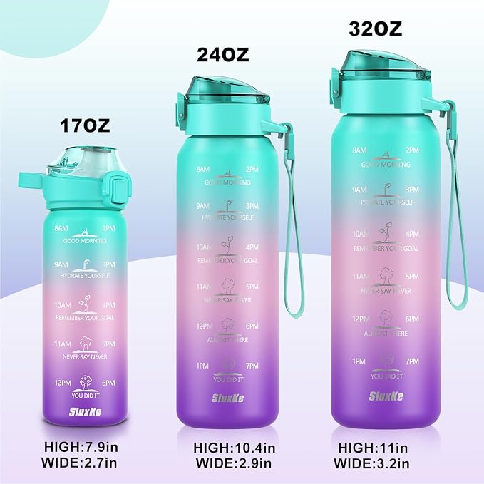 SLUXKE 24oz Insulated Water Bottle with Straw and Spout Lids, 700ml 18/10 Stainless Steel Double Wall Vacuum Sports Water Jug, Leakproof Hydro Cup Flask for Men, Women & Kids GREEN PINK PURPLE