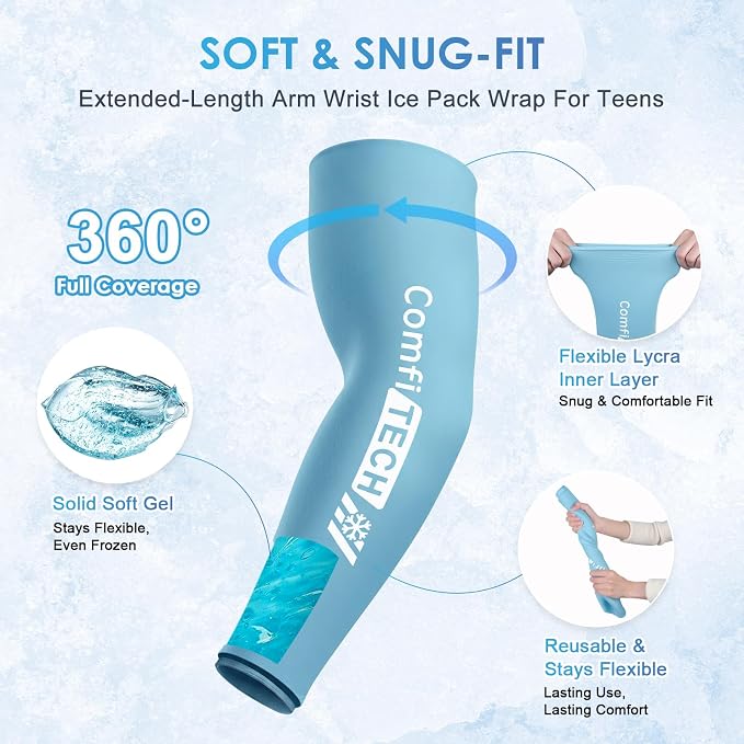 ComfiTECH Youth Full Arm Elbow Ice Pack Wrap, Tennis Cold Sleeve, Large | Flexible Gel Ice Sleeve for Teen Golfers Arm, Pitchers Throwing Recovery, Reusable Brace for Forearm Wrist Muscle Discomfort