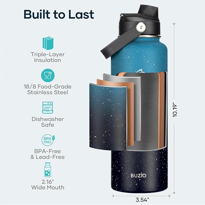 BUZIO Triple Wall Vacuum Water Bottle with Dust-Proof Straw & Spout Lids | 40 oz Insulated Stainless Steel Water Flask (Cold for 48 Hrs/Hot for 24 Hrs), Dishwasher Safe, Leakproof, Non-BPA, for Hiking